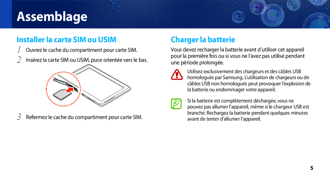 Samsung GT-N8000EAEXEF, GT-N8000ZWEXEF, GT-N8000EAAXEF, GT-N8000ZWAXEF Installer la carte SIM ou Usim, Charger la batterie 