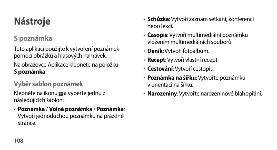 Samsung GT-N8010ZWAXSK, GT-N8010EAAATO, GT-N8010GRAXEZ, GT-N8010ZWXXEZ, GT-N8010GRAXSK Poznámka, Výběr šablon poznámek, 108 