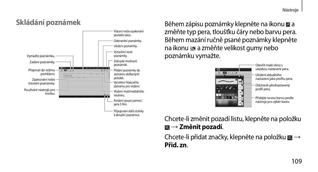 Samsung GT-N8010EAXXSK, GT-N8010EAAATO, GT-N8010GRAXEZ, GT-N8010ZWXXEZ, GT-N8010GRAXSK manual Skládání poznámek, Přid. zn, 109 