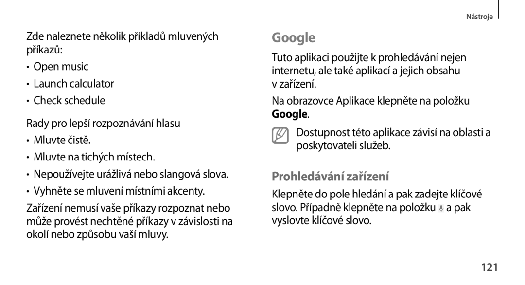 Samsung GT-N8010EAAATO manual Google, Prohledávání zařízení, Zařízení Na obrazovce Aplikace klepněte na položku, 121 