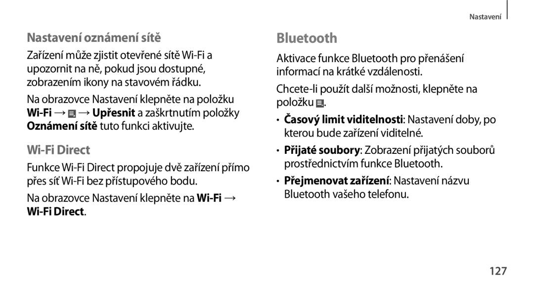 Samsung GT-N8010ZWAXEZ, GT-N8010EAAATO Nastavení oznámení sítě, Wi-Fi Direct, Přejmenovat zařízení Nastavení názvu, 127 