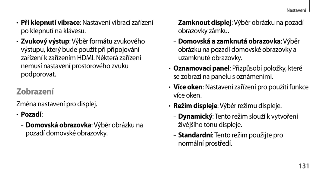 Samsung GT-N8010EAXXSK, GT-N8010EAAATO, GT-N8010GRAXEZ, GT-N8010ZWXXEZ Zobrazení, Změna nastavení pro displej, Pozadí, 131 