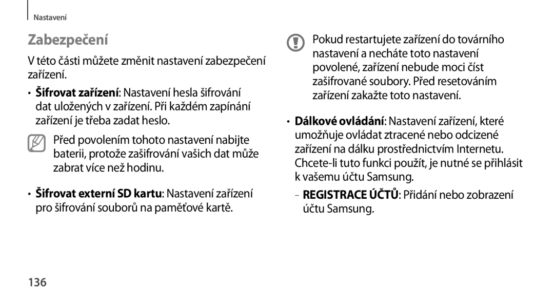 Samsung GT-N8010EAAXSK, GT-N8010EAAATO manual Zabezpečení, Této části můžete změnit nastavení zabezpečení zařízení, 136 