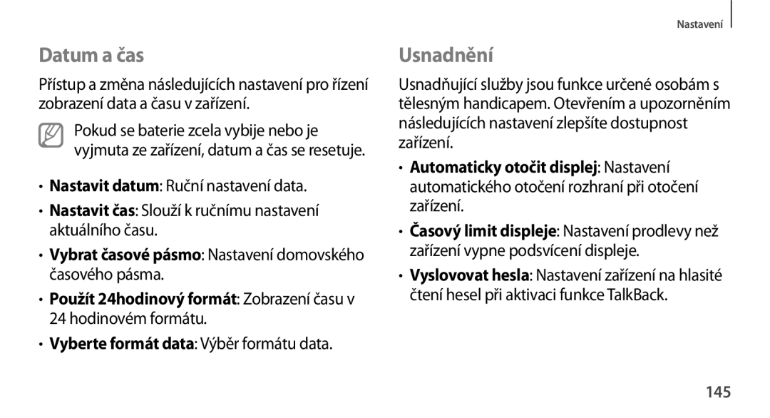 Samsung GT-N8010ZWXXEZ, GT-N8010EAAATO, GT-N8010GRAXEZ Datum a čas, Usnadnění, Vyberte formát data Výběr formátu data, 145 