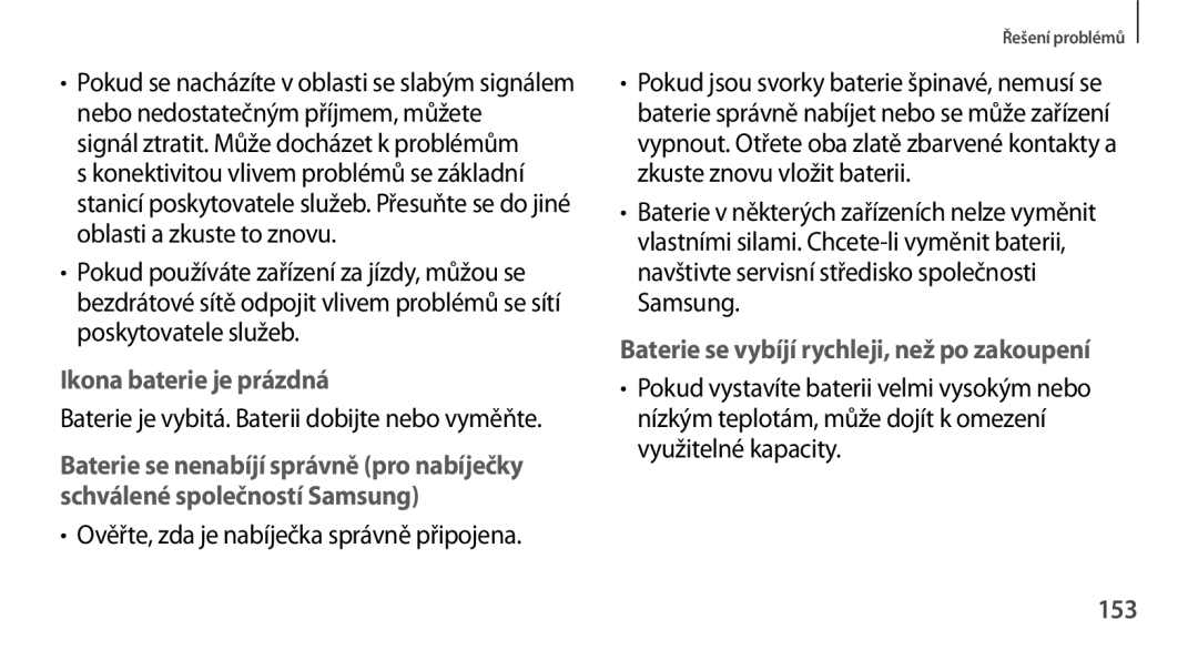 Samsung GT-N8010EAXXSK Baterie je vybitá. Baterii dobijte nebo vyměňte, Ověřte, zda je nabíječka správně připojena, 153 