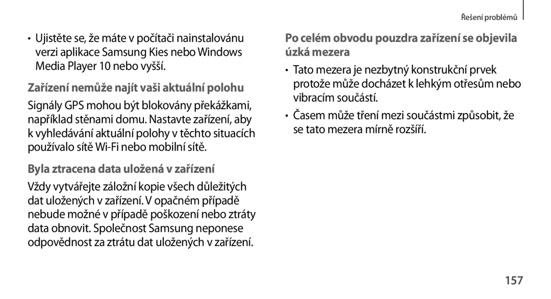 Samsung GT-N8010GRAXSK, GT-N8010EAAATO, GT-N8010GRAXEZ, GT-N8010ZWXXEZ manual Zařízení nemůže najít vaši aktuální polohu, 157 