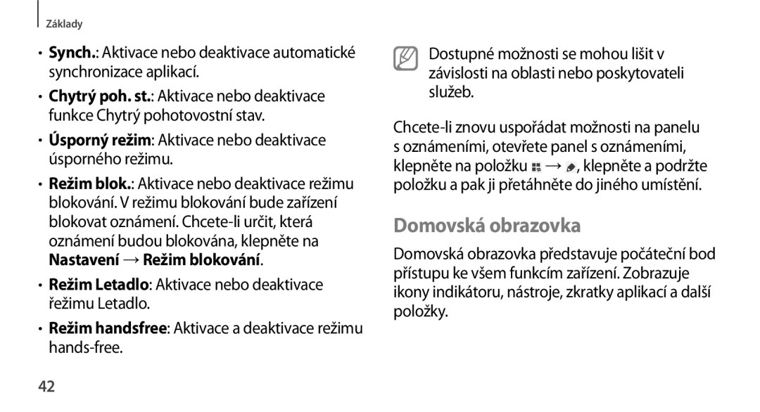 Samsung GT-N8010ZWAXSK, GT-N8010EAAATO manual Domovská obrazovka, Úsporný režim Aktivace nebo deaktivace úsporného režimu 