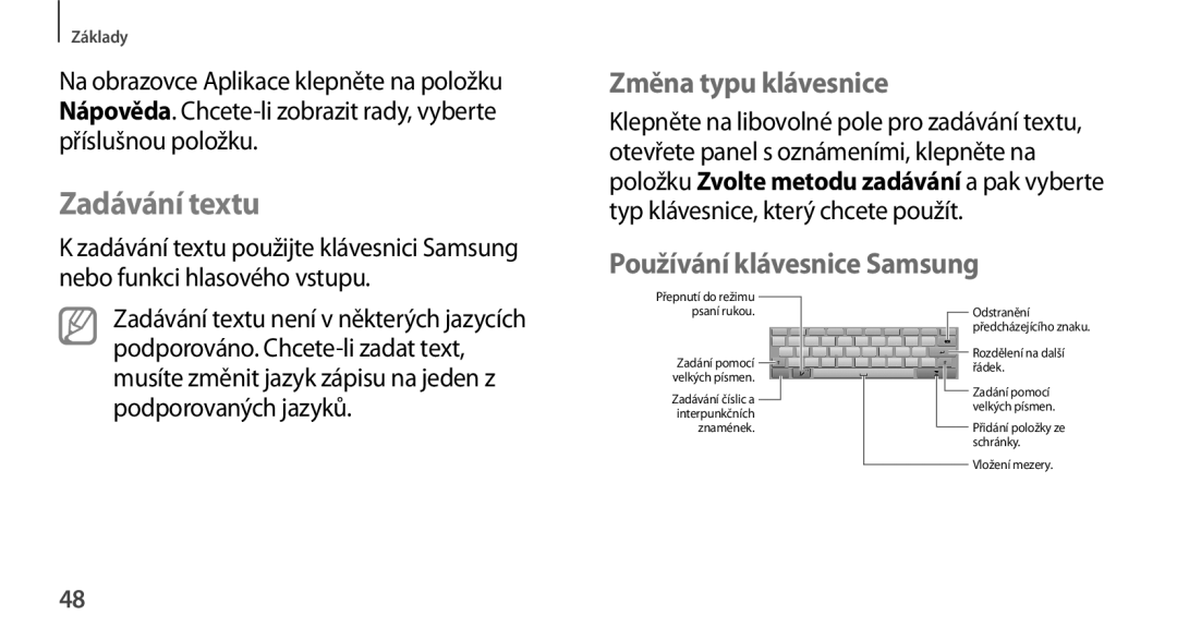 Samsung GT-N8010EAAXSK, GT-N8010EAAATO, GT-N8010GRAXEZ Zadávání textu, Změna typu klávesnice, Používání klávesnice Samsung 