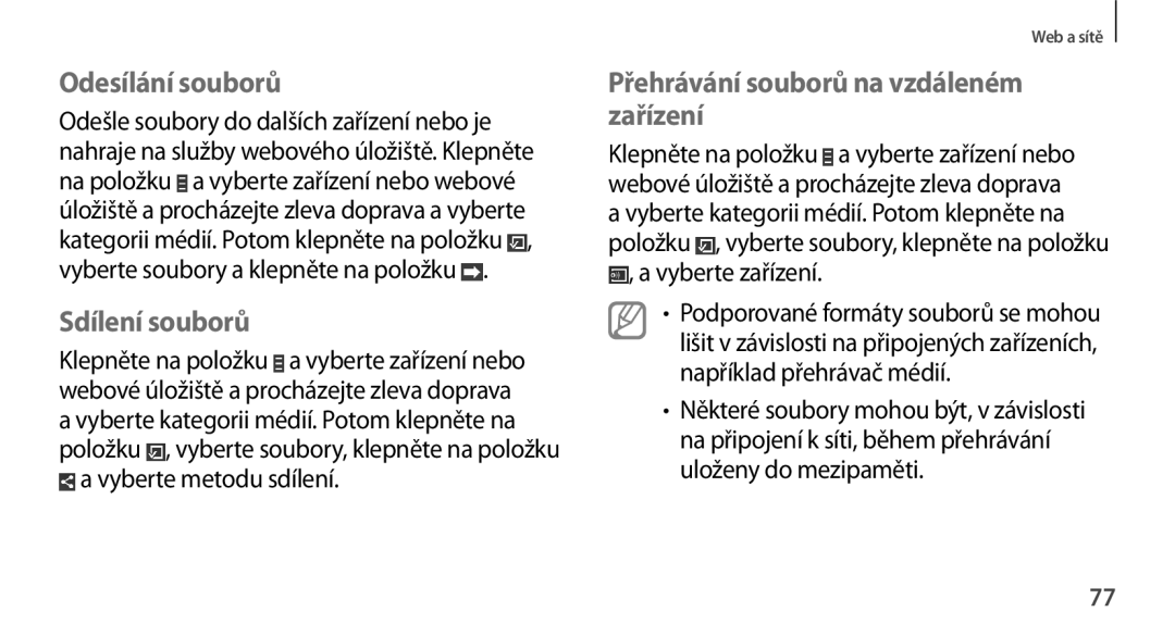 Samsung GT-N8010EAAATO, GT-N8010GRAXEZ manual Odesílání souborů, Sdílení souborů, Přehrávání souborů na vzdáleném zařízení 