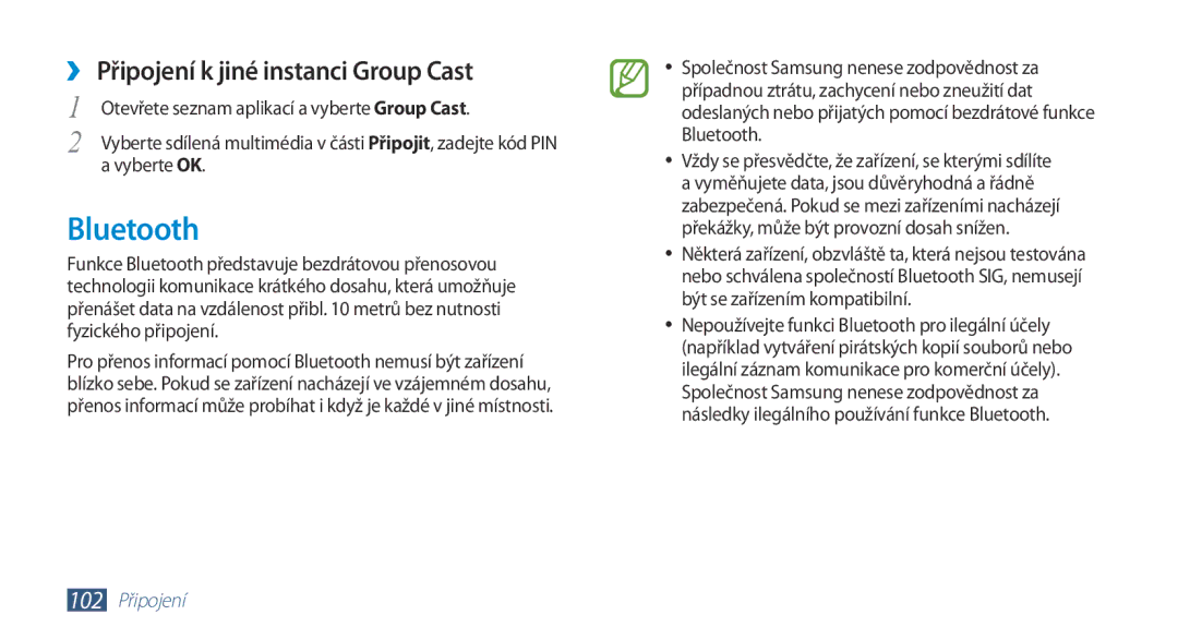 Samsung GT-N8010GRAXSK, GT-N8010EAAATO, GT-N8010GRAXEZ manual Bluetooth, ›› Připojení k jiné instanci Group Cast, Vyberte OK 