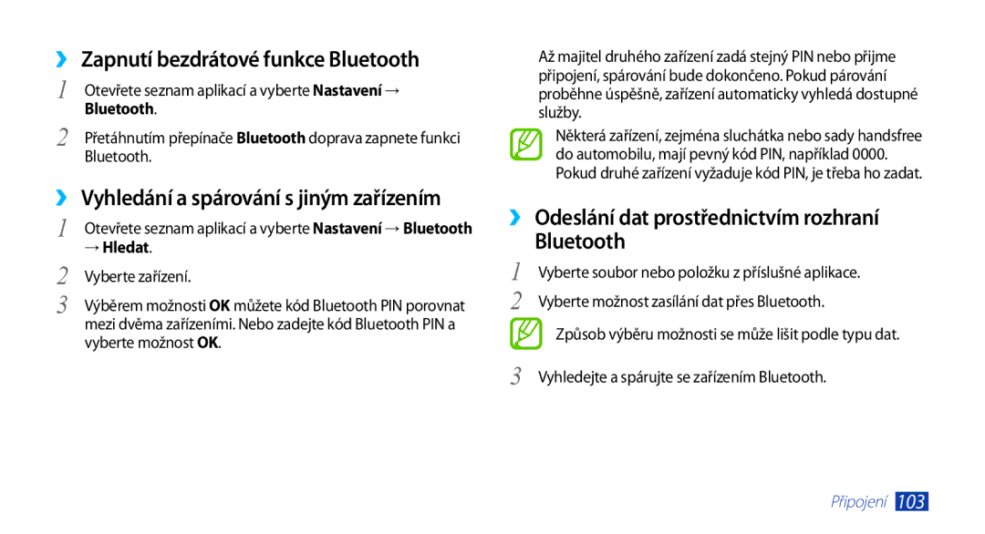 Samsung GT-N8010EAAXSK manual ›› Zapnutí bezdrátové funkce Bluetooth, ›› Vyhledání a spárování s jiným zařízením, → Hledat 