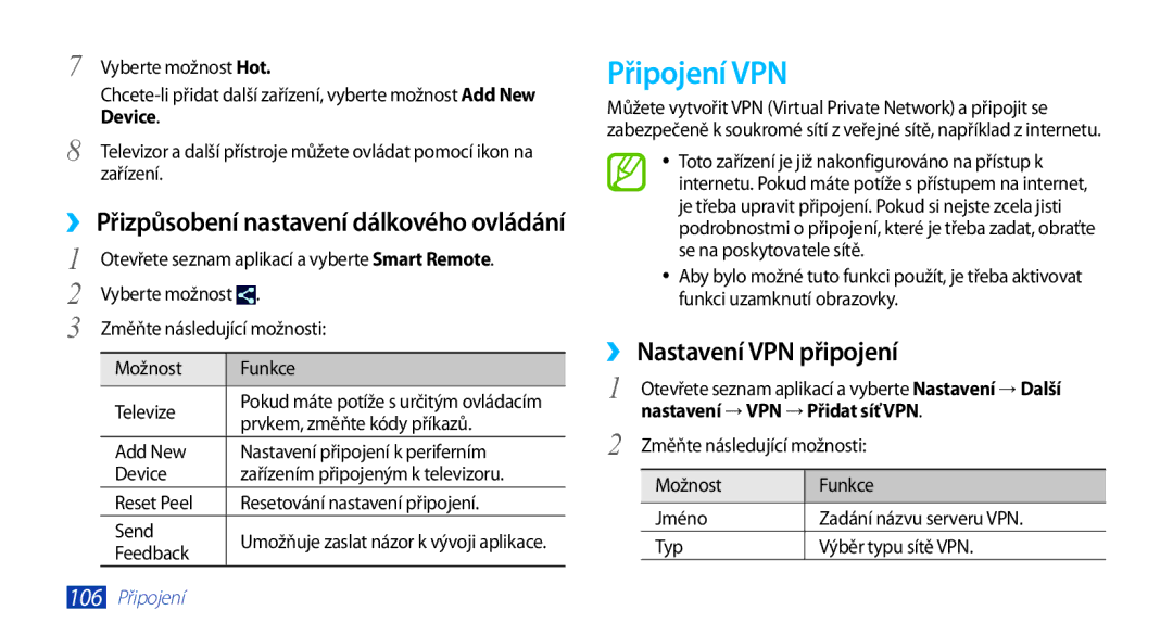 Samsung GT-N8010EAXXEZ manual Připojení VPN, ›› Nastavení VPN připojení, ›› Přizpůsobení nastavení dálkového ovládání 