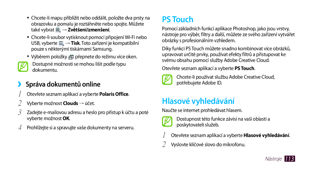 Samsung GT-N8010GRAXSK, GT-N8010EAAATO, GT-N8010GRAXEZ manual PS Touch, Hlasové vyhledávání, ›› Správa dokumentů online 