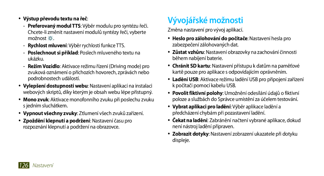 Samsung GT-N8010ZWXXSK manual Vývojářské možnosti, Výstup převodu textu na řeč, Změna nastavení pro vývoj aplikací 