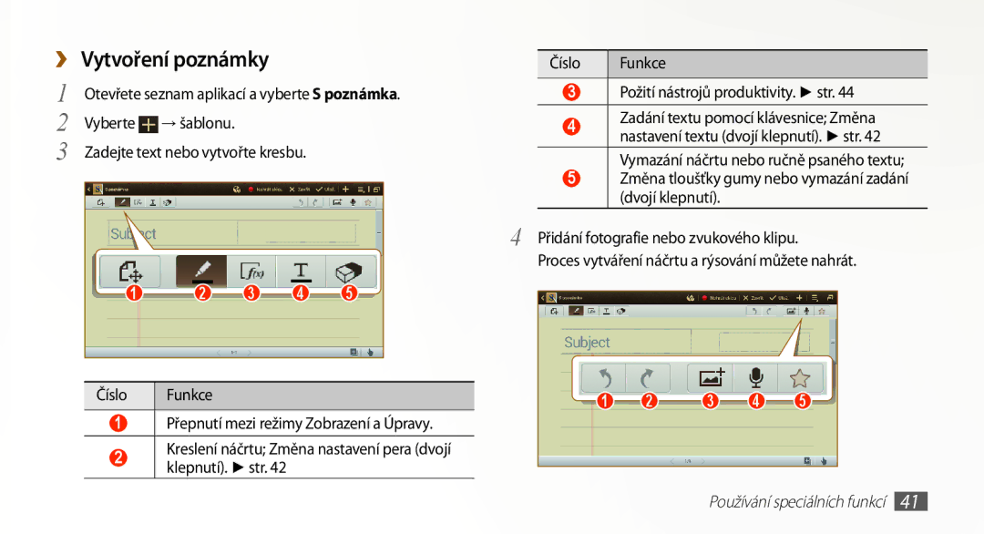 Samsung GT-N8010EAAXEZ, GT-N8010EAAATO manual ›› Vytvoření poznámky, Číslo Funkce Požití nástrojů produktivity. str 