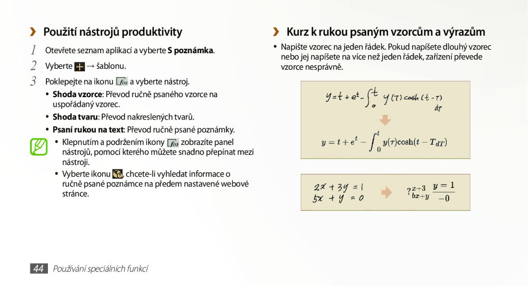 Samsung GT-N8010EAAATO, GT-N8010GRAXEZ manual Použití nástrojů produktivity, ›› Kurz k rukou psaným vzorcům a výrazům 