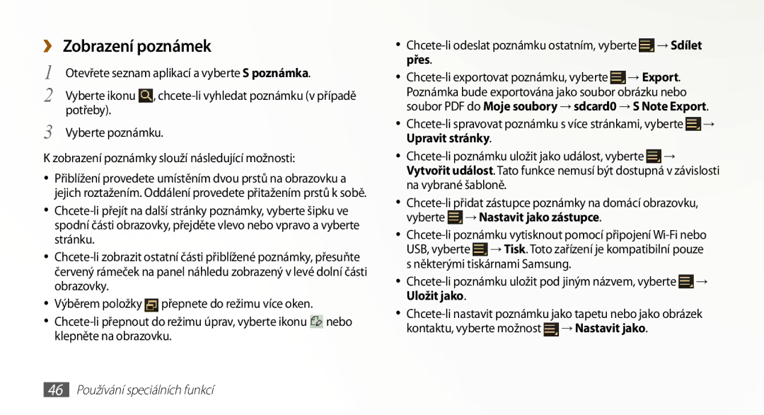 Samsung GT-N8010ZWXXEZ ›› Zobrazení poznámek, Chcete-li odeslat poznámku ostatním, vyberte → Sdílet přes, Uložit jako 