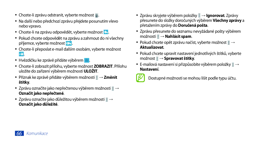 Samsung GT-N8010EAAATO manual Hvězdičku ke zprávě přidáte výběrem, Štítky, Označit jako nepřečtené, Označit jako důležité 