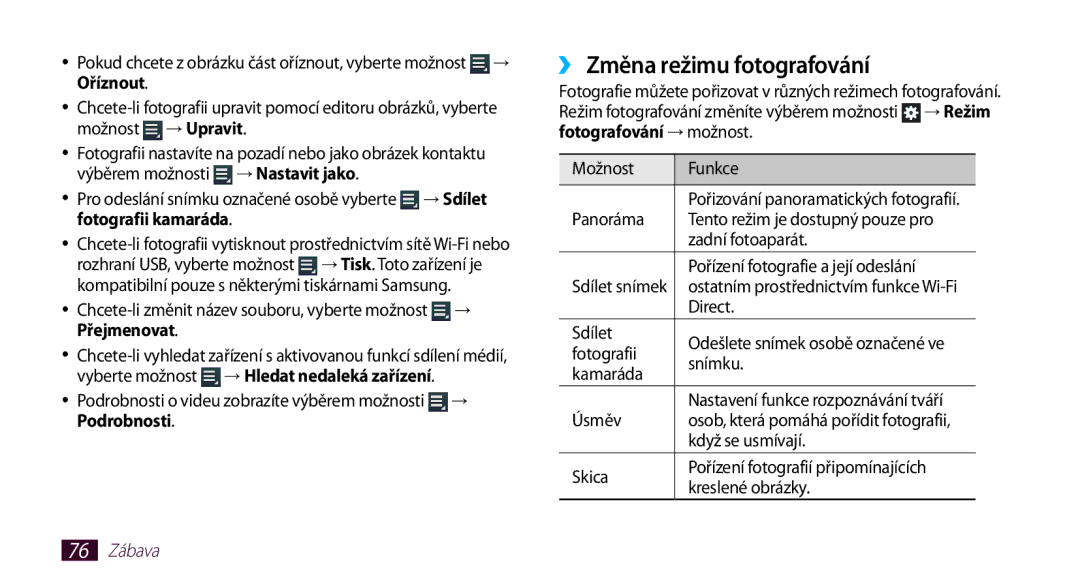 Samsung GT-N8010EAXXSK, GT-N8010EAAATO, GT-N8010GRAXEZ manual ›› Změna režimu fotografování, Oříznout, Přejmenovat, 76 Zábava 