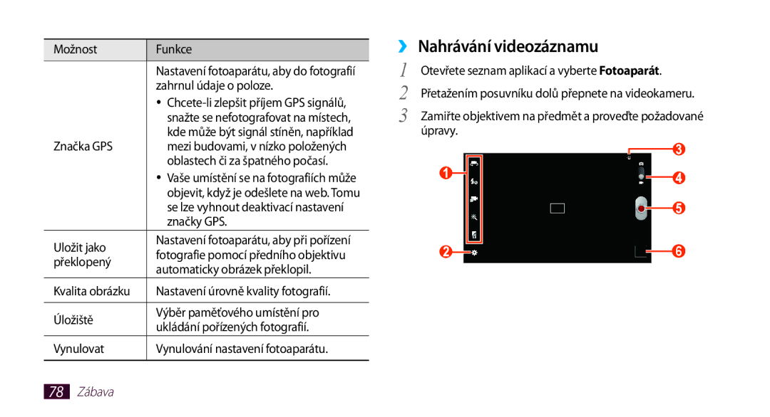 Samsung GT-N8010GRAXEZ, GT-N8010EAAATO, GT-N8010ZWXXEZ, GT-N8010GRAXSK, GT-N8010EAAXSK ›› Nahrávání videozáznamu, 78 Zábava 