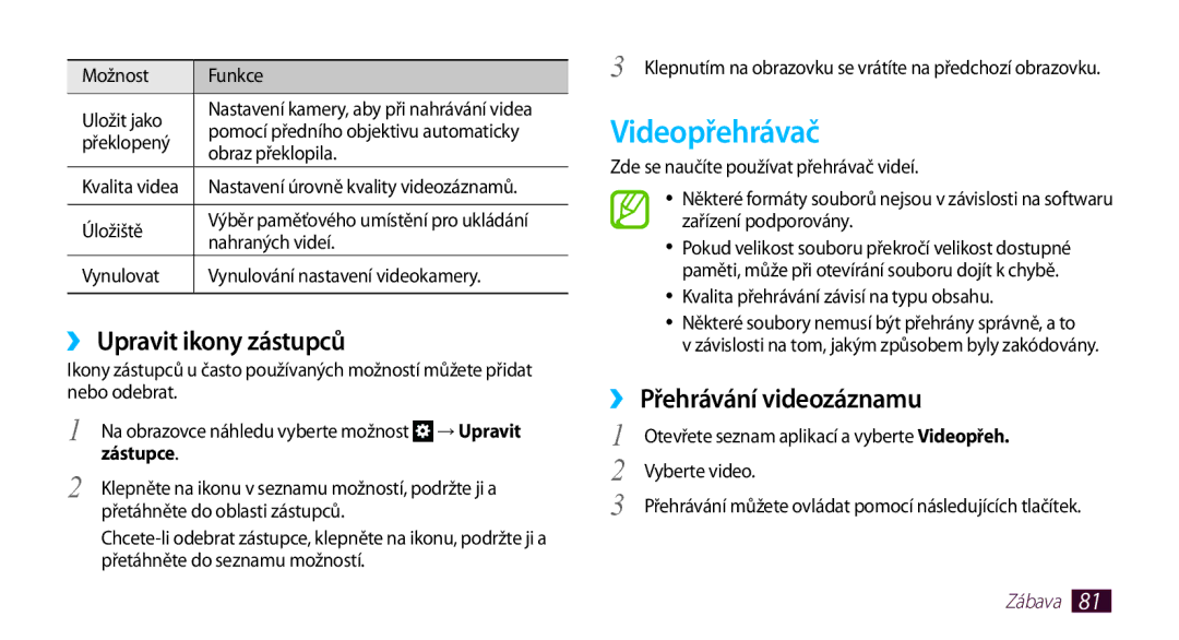 Samsung GT-N8010EAAXSK, GT-N8010EAAATO manual Videopřehrávač, ›› Upravit ikony zástupců, ›› Přehrávání videozáznamu 