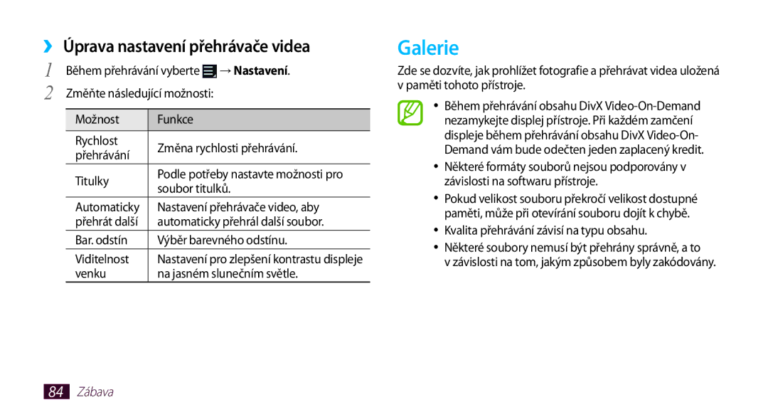 Samsung GT-N8010EAXXEZ, GT-N8010EAAATO, GT-N8010GRAXEZ, GT-N8010ZWXXEZ Galerie, Úprava nastavení přehrávače videa, 84 Zábava 