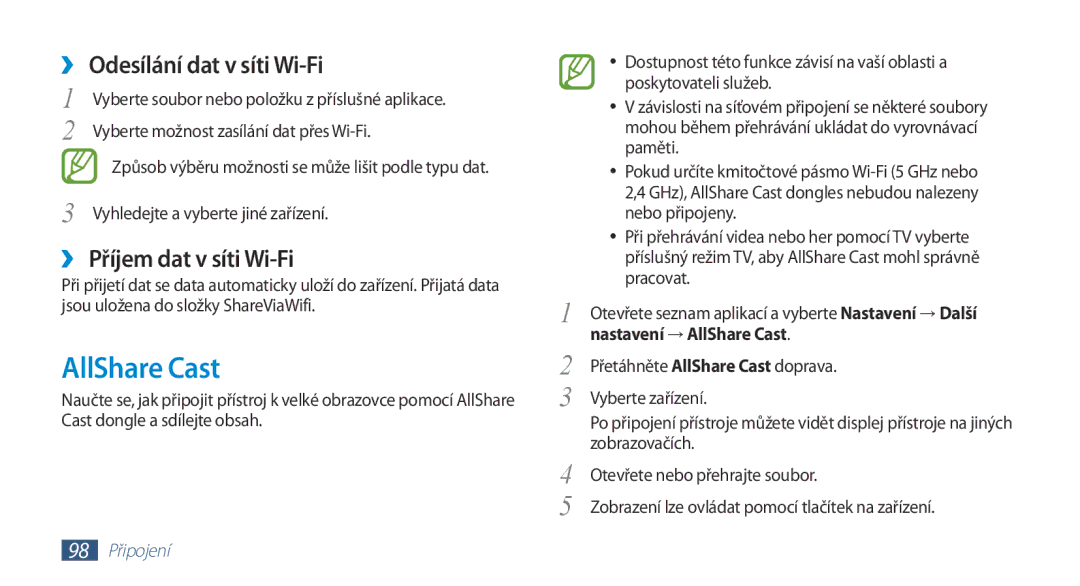 Samsung GT-N8010EAXXSK, GT-N8010EAAATO manual AllShare Cast, ›› Odesílání dat v síti Wi-Fi, ›› Příjem dat v síti Wi-Fi 