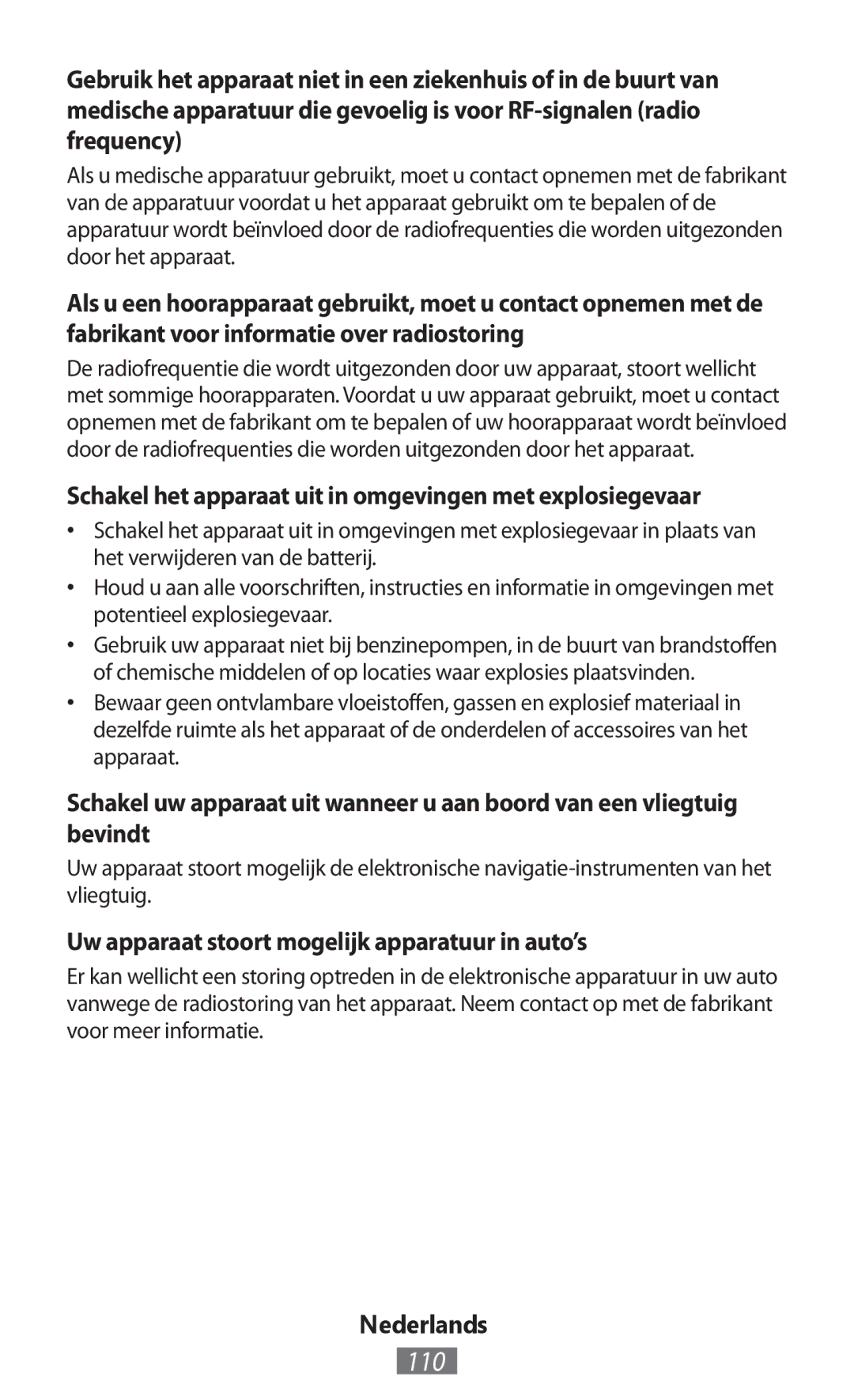 Samsung GT-N7100RWDEUR, GT-N8010EAADBT, GT-N8000ZWAVD2 manual 110, Schakel het apparaat uit in omgevingen met explosiegevaar 
