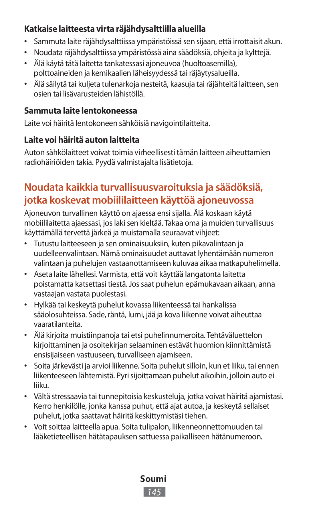 Samsung GT-N7105TADVD2 manual 145, Katkaise laitteesta virta räjähdysalttiilla alueilla, Sammuta laite lentokoneessa 