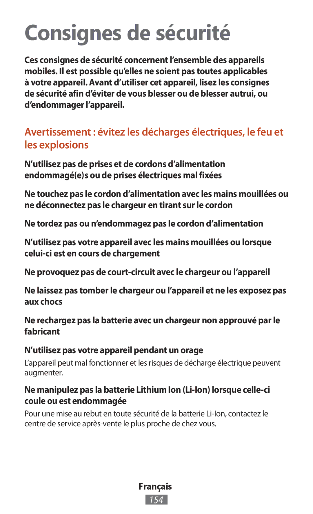 Samsung GT2S6310DBNDTM, GT-N8010EAADBT, GT-N8000ZWAVD2, GT-N8000EAAVD2, GT-N8000EAAITV Consignes de sécurité, 154, Français 