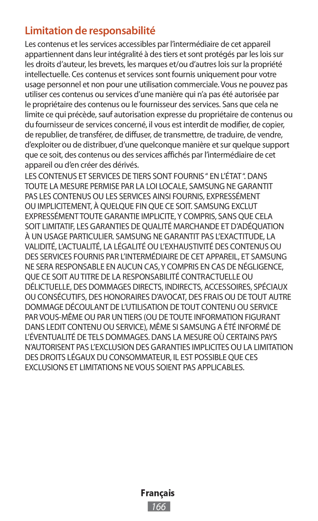 Samsung GT-I8190RWAXEO, GT-N8010EAADBT, GT-N8000ZWAVD2, GT-N8000EAAVD2, GT-N8000EAAITV manual Limitation de responsabilité, 166 