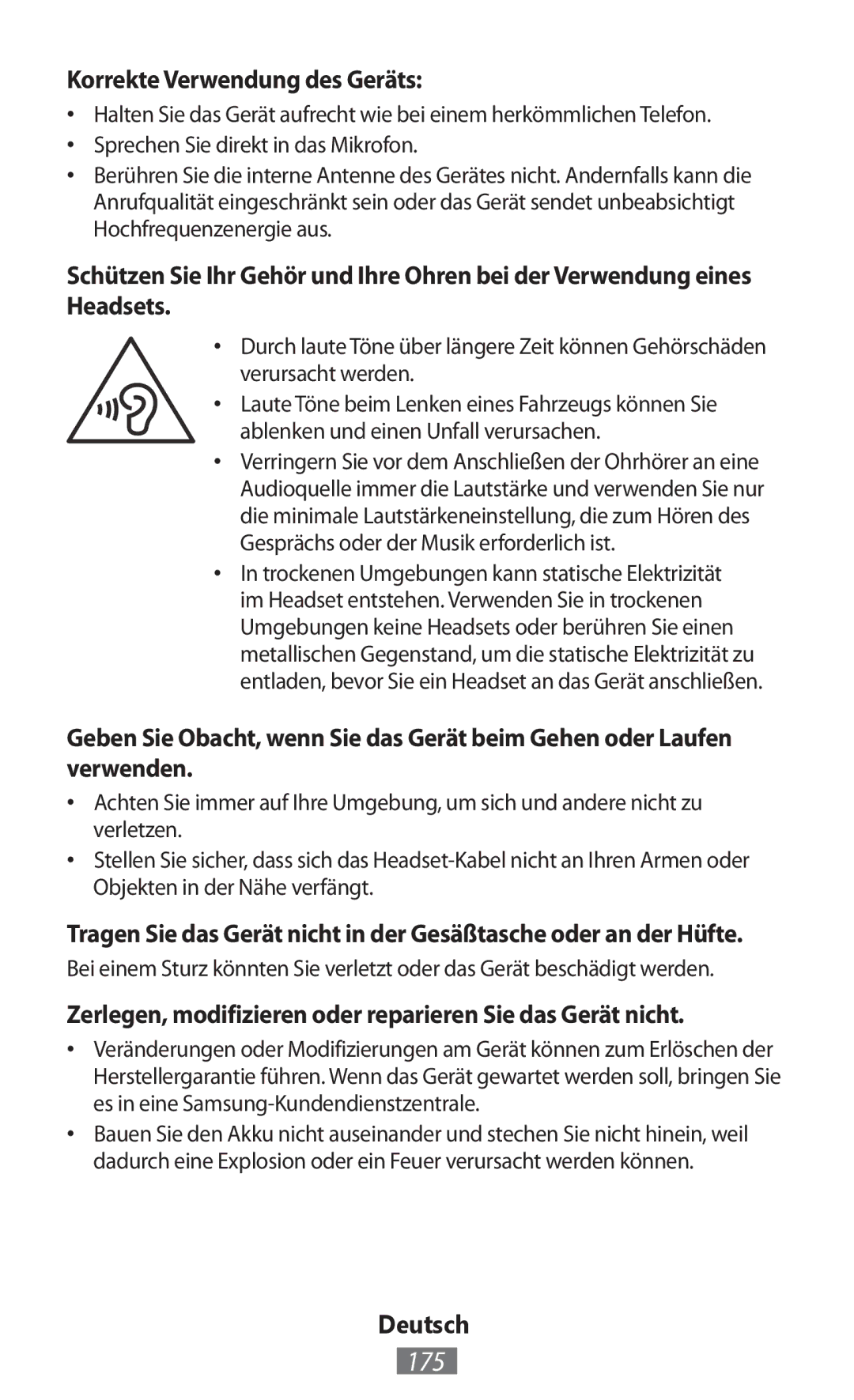 Samsung GT-S6310DBNDTM 175, Korrekte Verwendung des Geräts, Zerlegen, modifizieren oder reparieren Sie das Gerät nicht 