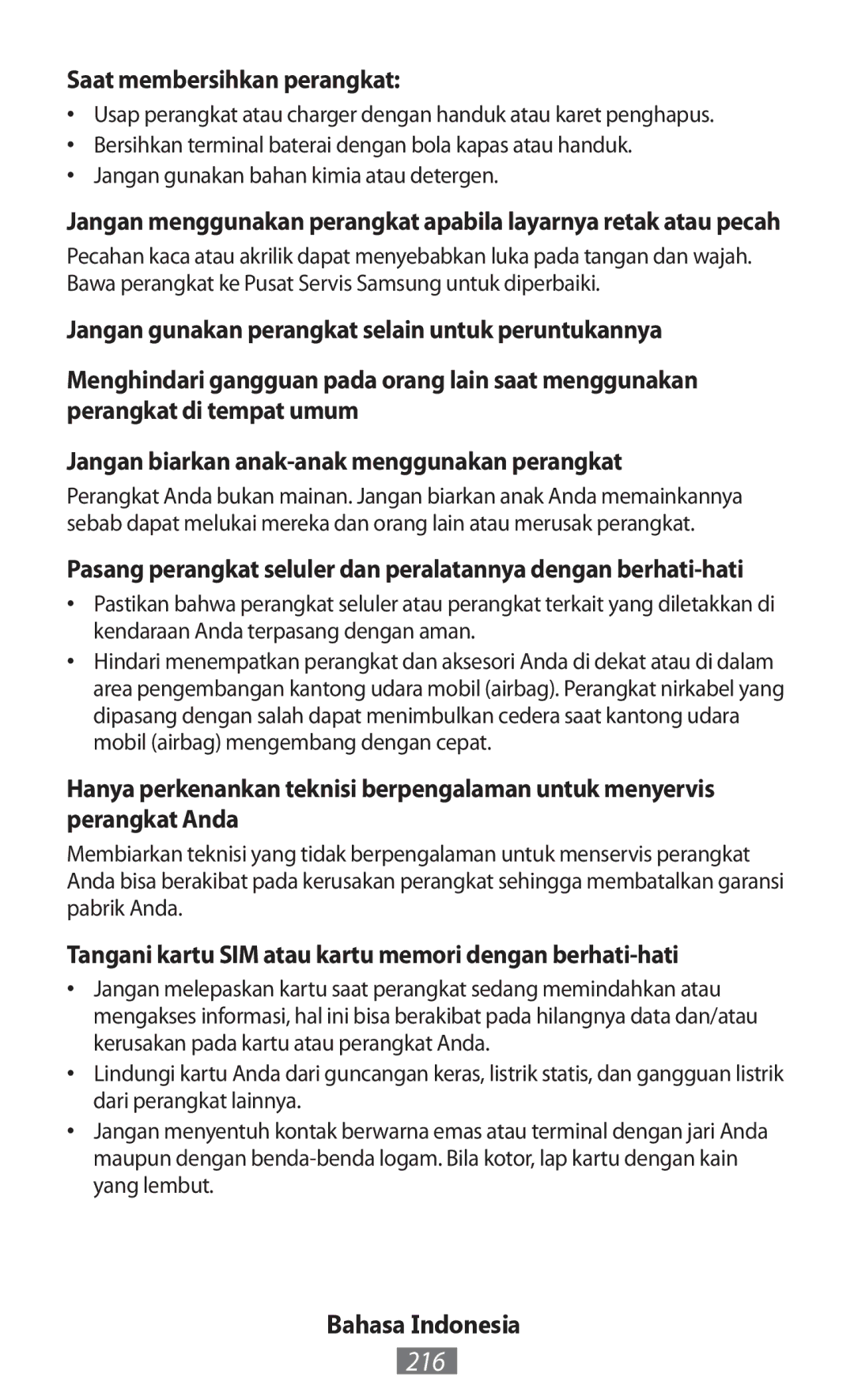 Samsung GT-S6310MSNWIN manual 216, Saat membersihkan perangkat, Tangani kartu SIM atau kartu memori dengan berhati-hati 