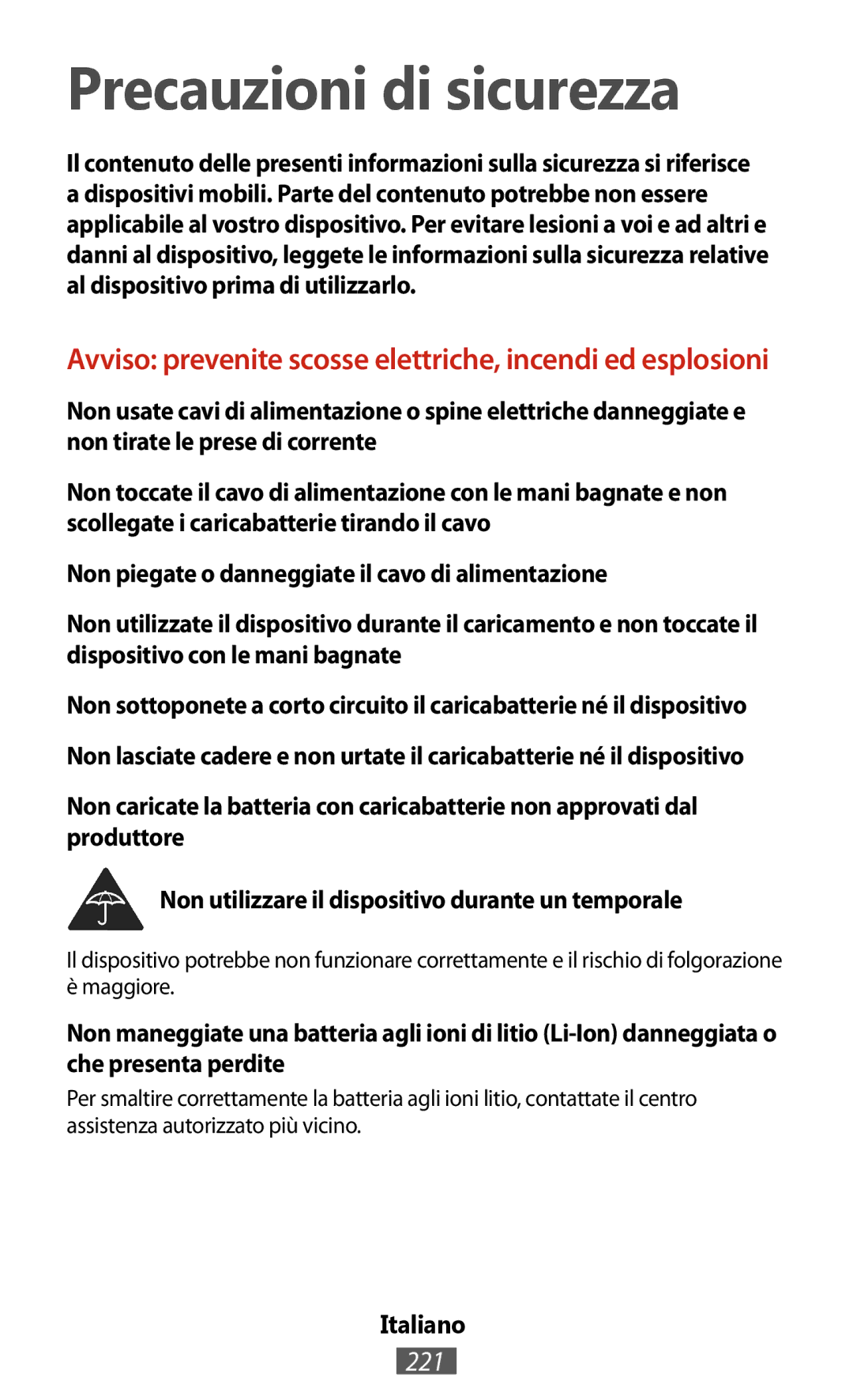 Samsung GT-S7560ZKAPLS, GT-N8010EAADBT, GT-N8000ZWAVD2, GT-N8000EAAVD2 manual Precauzioni di sicurezza, 221, Italiano 