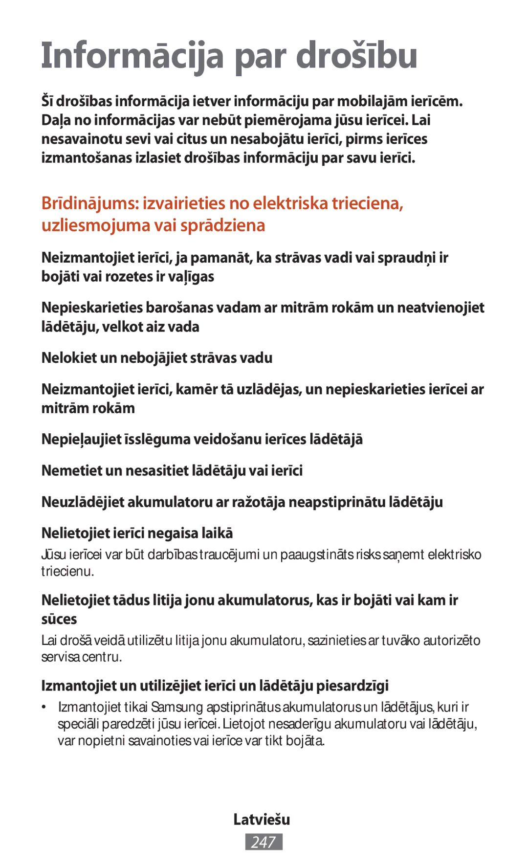 Samsung GT-P7500FKDSFR Informācija par drošību, 247, Izmantojiet un utilizējiet ierīci un lādētāju piesardzīgi, Latviešu 