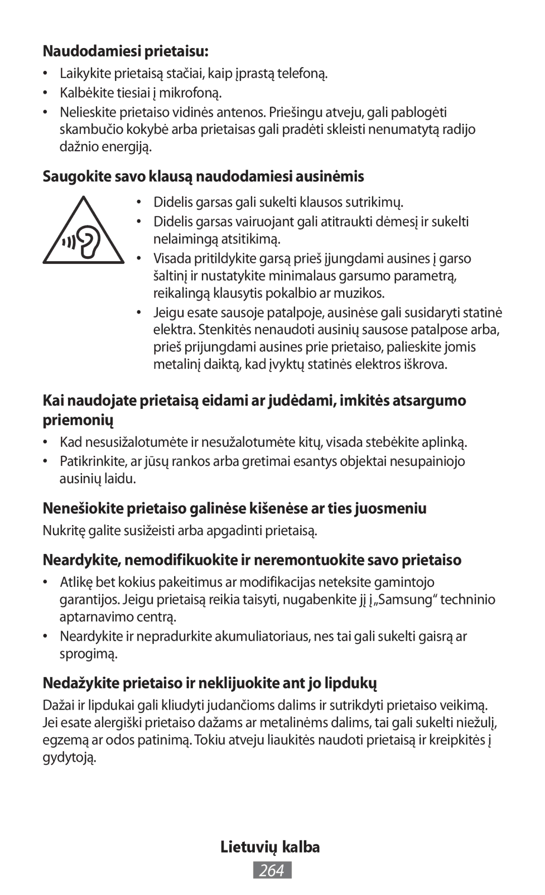 Samsung GT-N7100TADXEF, GT-N8010EAADBT manual 264, Naudodamiesi prietaisu, Saugokite savo klausą naudodamiesi ausinėmis 