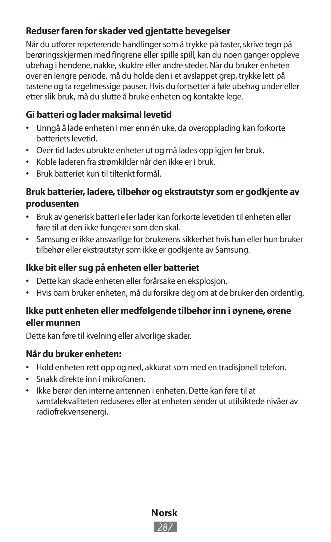 Samsung GT-S6310DBNXEF manual 287, Reduser faren for skader ved gjentatte bevegelser, Gi batteri og lader maksimal levetid 