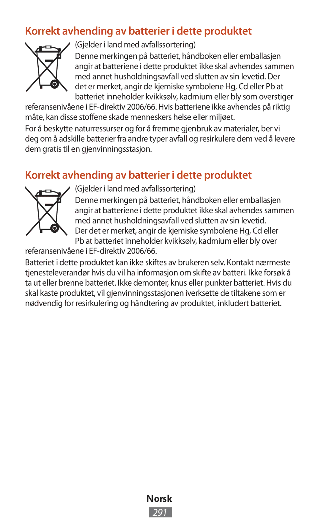 Samsung GT-N7100RWDFTM manual Korrekt avhending av batterier i dette produktet, 291, Gjelder i land med avfallssortering 