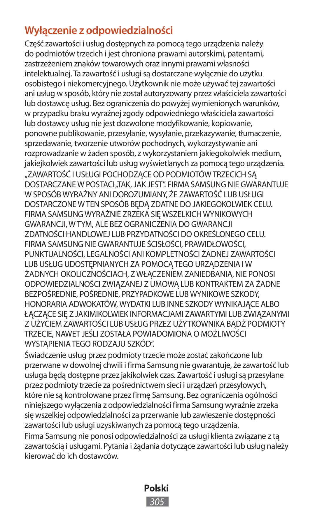 Samsung GT-N7105TADFTM, GT-N8010EAADBT, GT-N8000ZWAVD2, GT-N8000EAAVD2, GT-N8000EAAITV Wyłączenie z odpowiedzialności, 305 