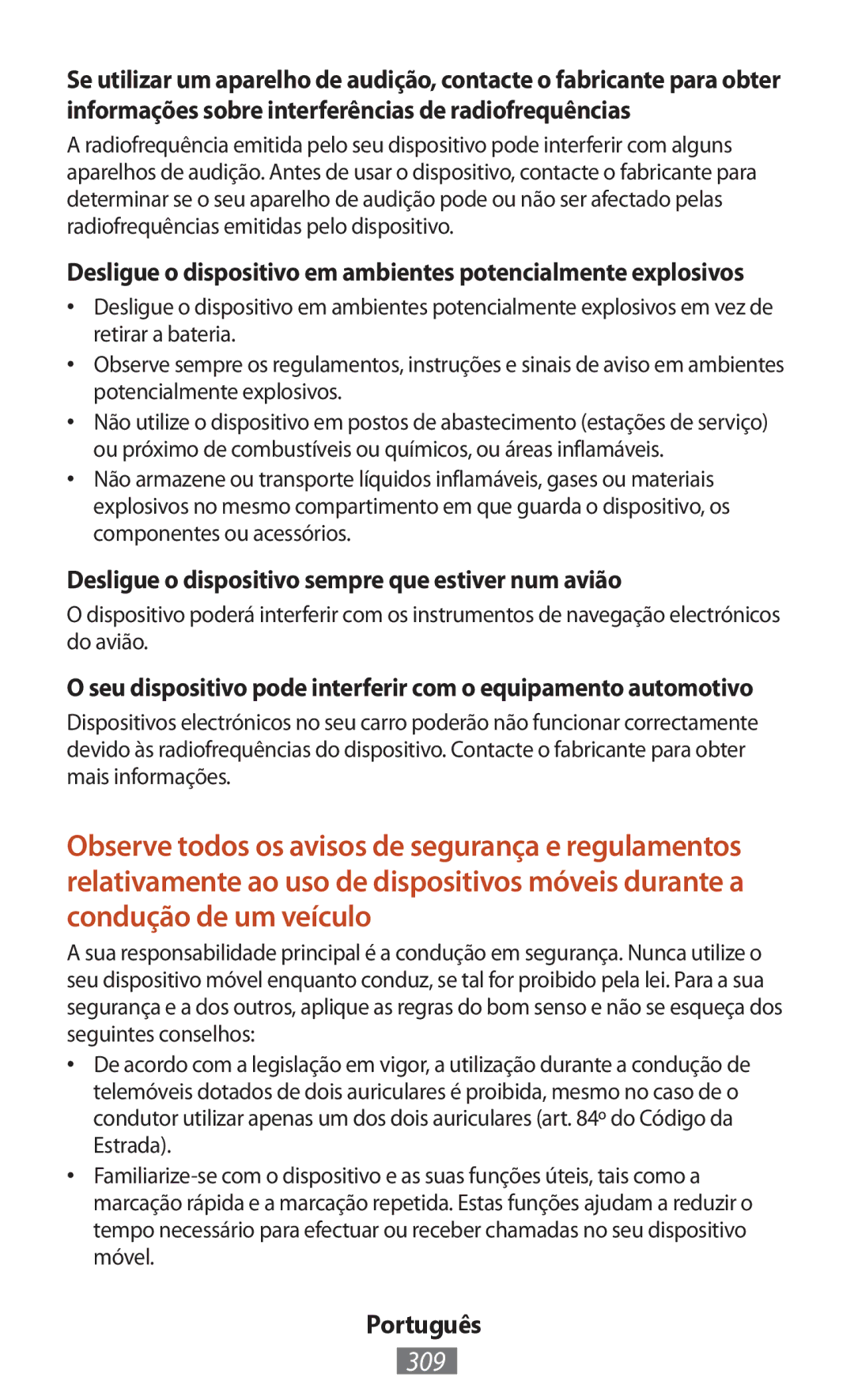 Samsung GT-N7100VSAFTM, GT-N8010EAADBT, GT-N8000ZWAVD2 manual 309, Desligue o dispositivo sempre que estiver num avião 