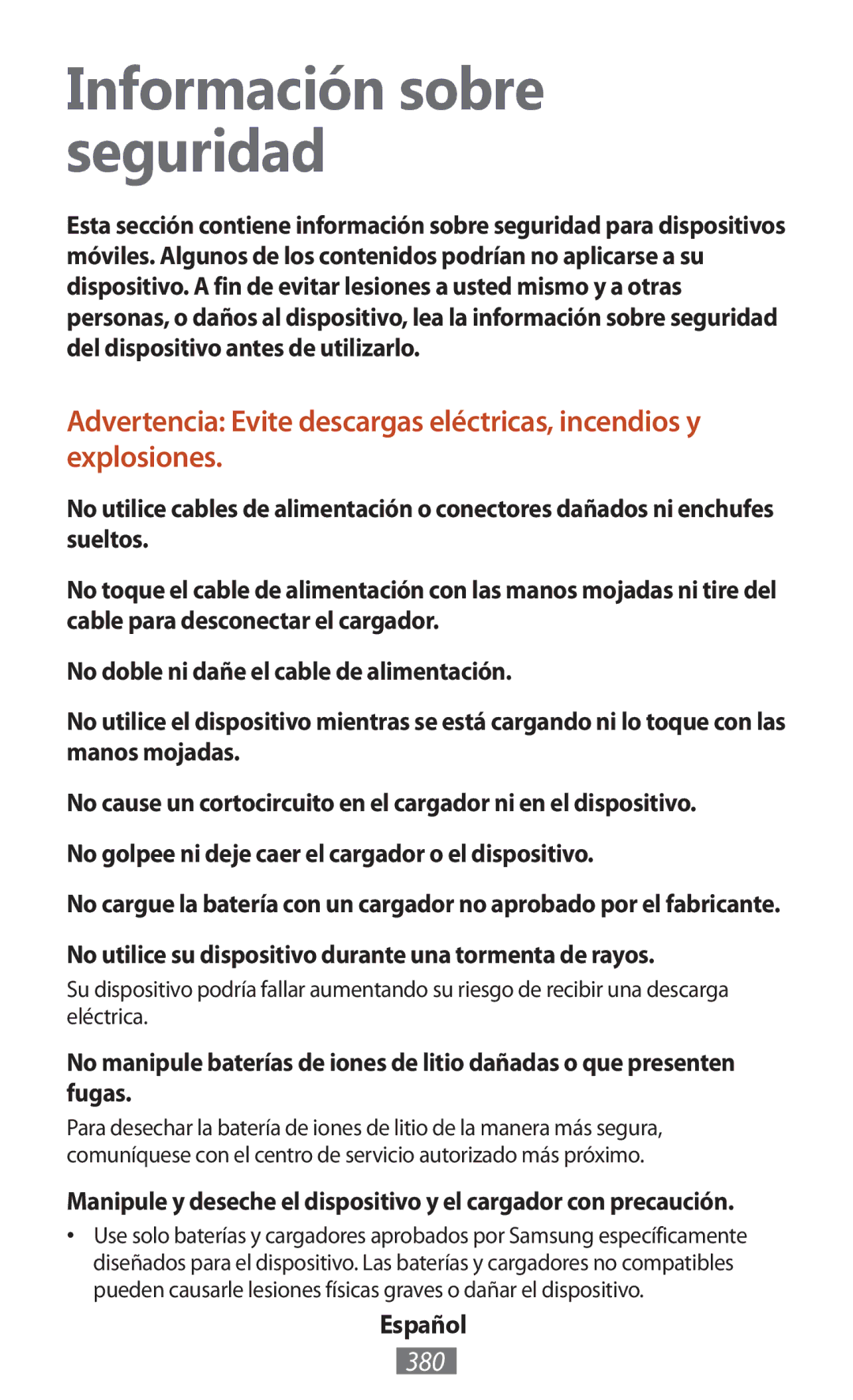 Samsung GT-N7100RWDHUI, GT-N8010EAADBT, GT-N8000ZWAVD2, GT-N8000EAAVD2 manual Información sobre seguridad, 380, Español 