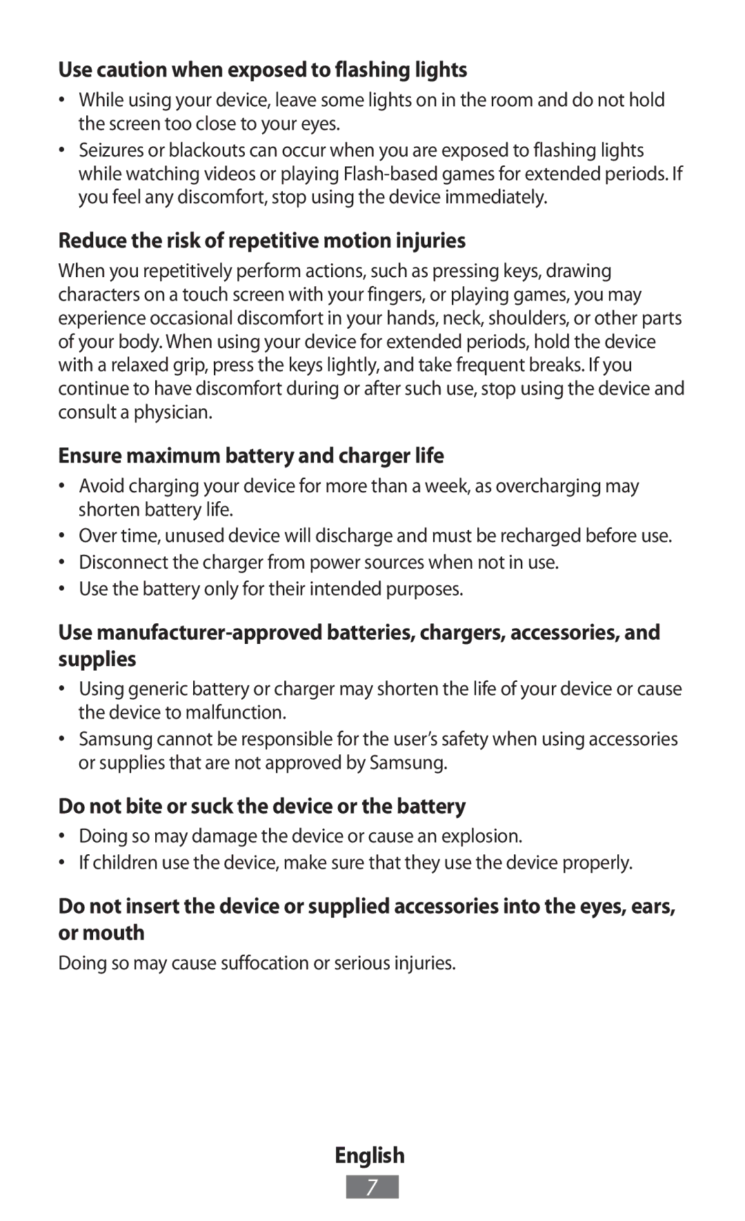 Samsung GT-I8190RWATPH manual Use caution when exposed to flashing lights, Reduce the risk of repetitive motion injuries 