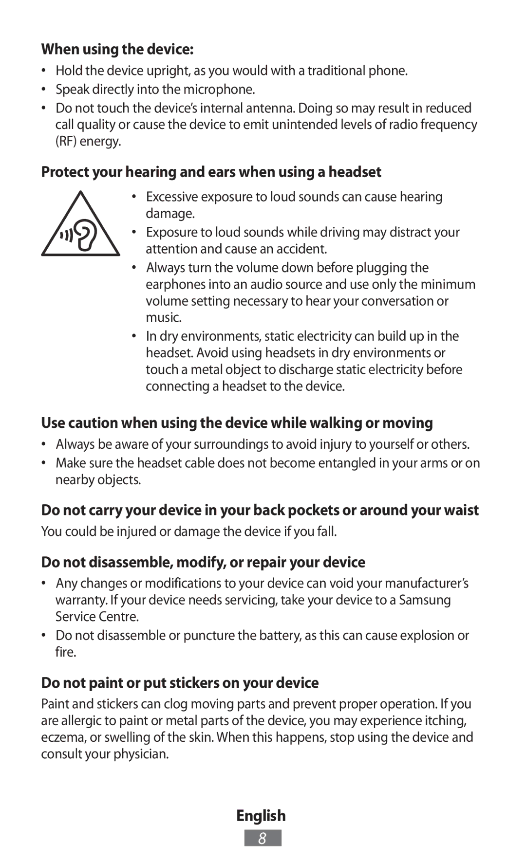 Samsung GT-I8190MBNTPL, GT-N8010EAADBT manual When using the device, Protect your hearing and ears when using a headset 