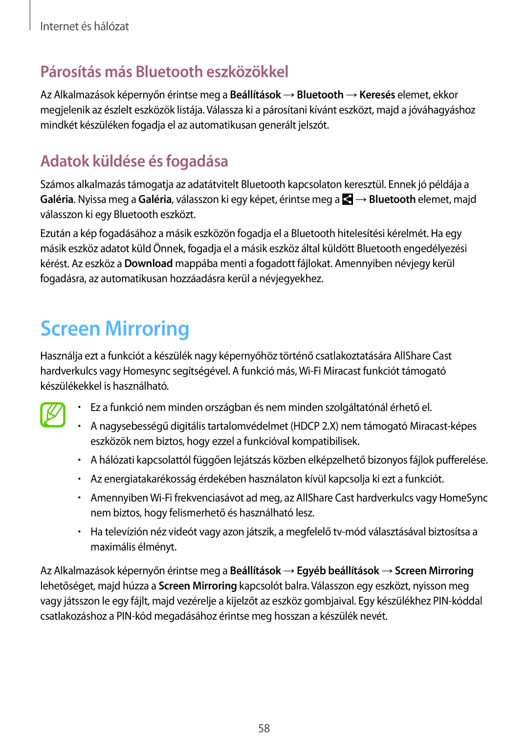 Samsung GT-N8010ZWAAUT, GT-N8010EAADBT Screen Mirroring, Párosítás más Bluetooth eszközökkel, Adatok küldése és fogadása 