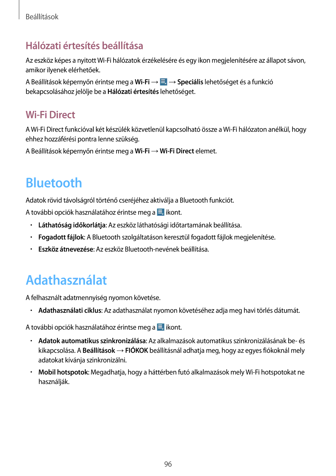 Samsung GT-N8010ZWAXEZ, GT-N8010EAADBT, GT-N8010ZWAATO manual Adathasználat, Hálózati értesítés beállítása, Wi-Fi Direct 