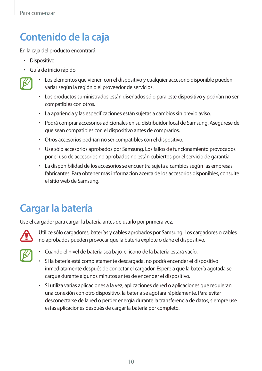 Samsung GT-N8010ZWAPHE, GT-N8010EAADBT, GT-N8010ZWATPH, GT-N8010EAATPH manual Contenido de la caja, Cargar la batería 