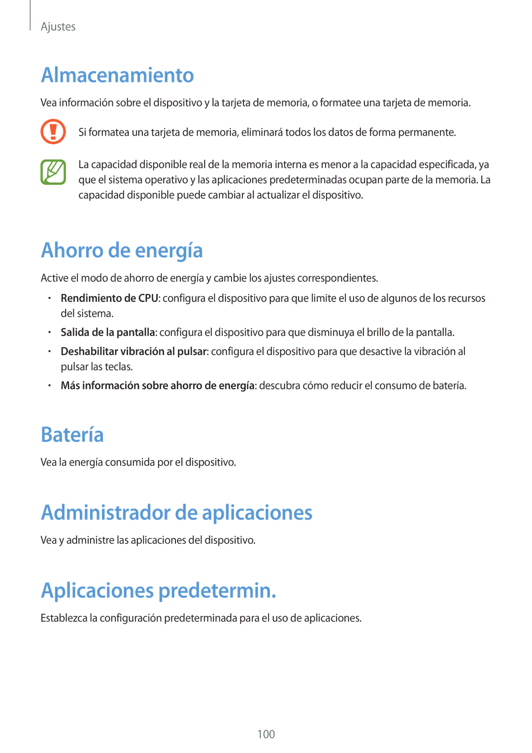 Samsung GT-N8010ZWAPHE Almacenamiento, Ahorro de energía, Batería, Administrador de aplicaciones, Aplicaciones predetermin 