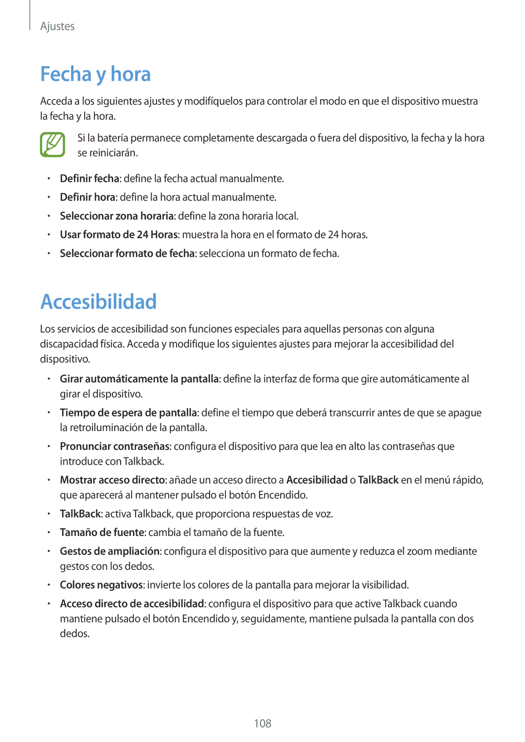Samsung GT-N8010ZWADBT, GT-N8010EAADBT, GT-N8010ZWATPH, GT-N8010EAATPH, GT-N8010GRADBT manual Fecha y hora, Accesibilidad 