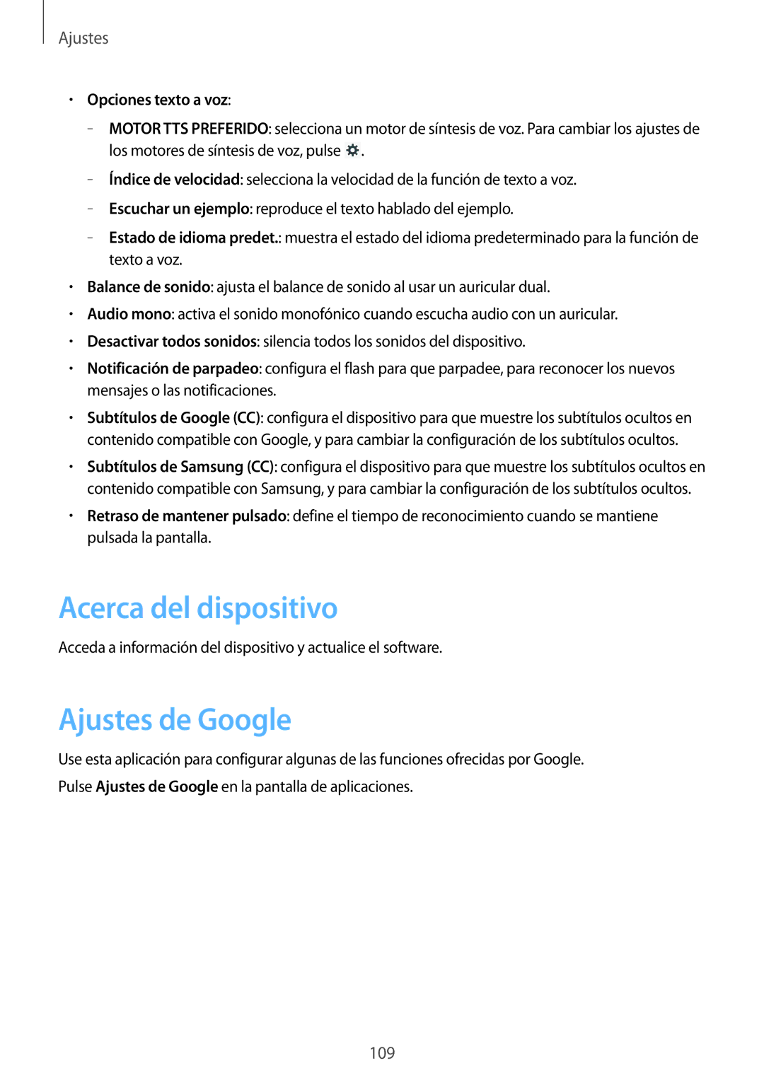 Samsung GT-N8010GRADBT, GT-N8010EAADBT, GT-N8010ZWATPH manual Acerca del dispositivo, Ajustes de Google, Opciones texto a voz 