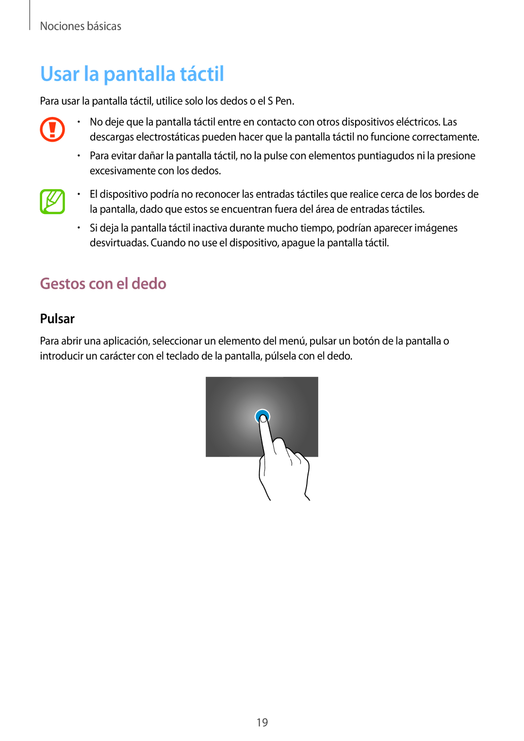 Samsung GT-N8010GRADBT, GT-N8010EAADBT, GT-N8010ZWATPH, GT-N8010EAATPH Usar la pantalla táctil, Gestos con el dedo, Pulsar 